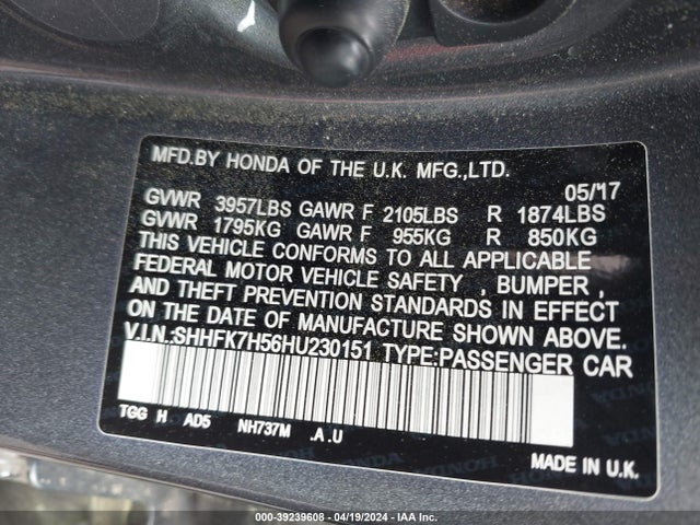 Honda CIVIC EX 2017 SHHFK7H56HU230151 Image 9