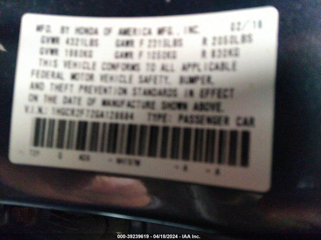 Honda ACCORD EX 2016 1HGCR2F72GA128684 Image 9