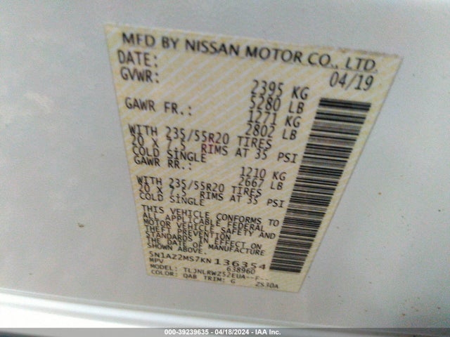 Nissan MURANO SL 2019 5N1AZ2MS7KN136354 Image 9