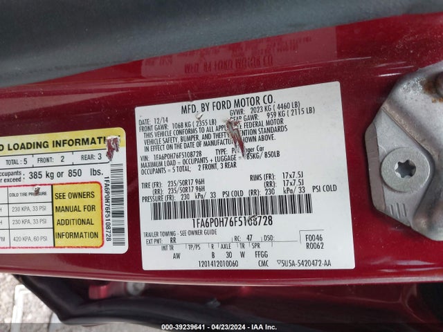 Ford FUSION SE 2015 1FA6P0H76F5108728 Image 9