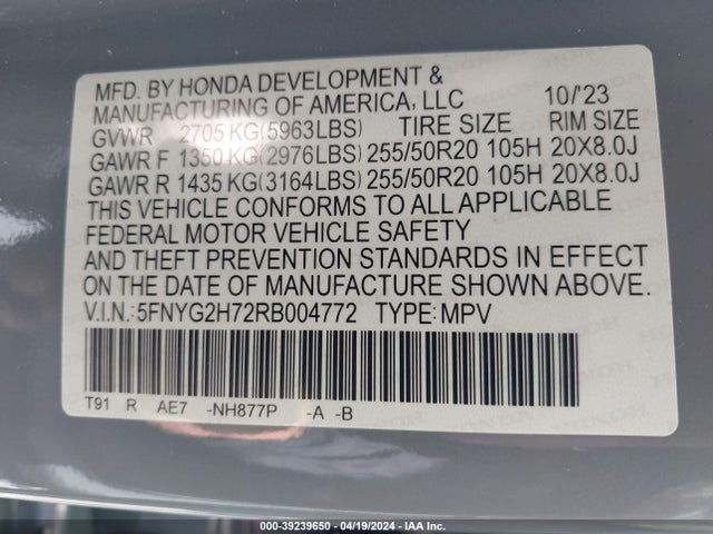 Honda Pilot 2wd Touring 2024 5FNYG2H72RB004772 Image 9