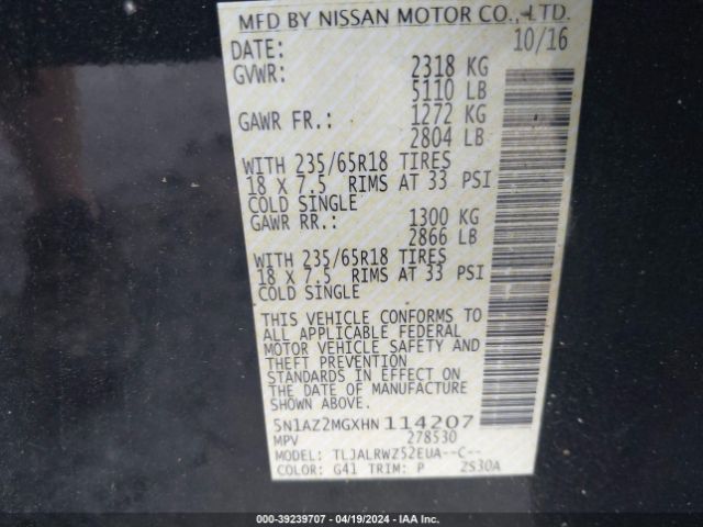 5N1AZ2MGXHN114207 Nissan MURANO SL