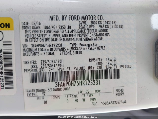 Ford FUSION SE 2017 3FA6P0H75HR125231 Image 9