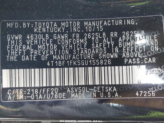 Toyota CAMRY SE 2016 4T1BF1FK5GU155826 Image 9
