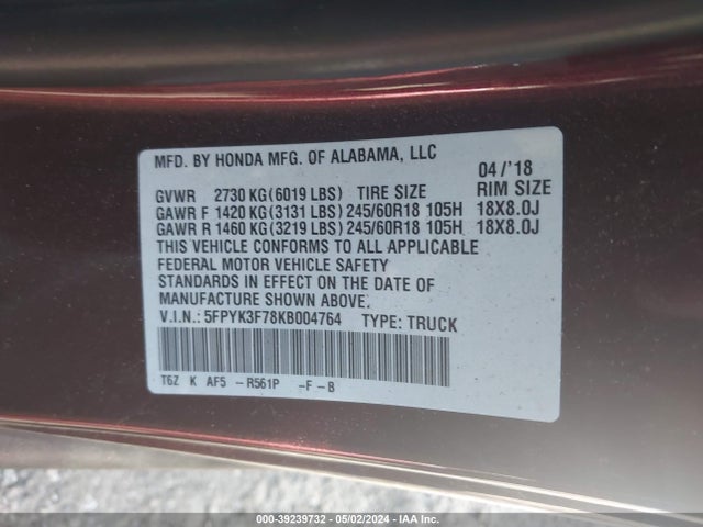 Honda Ridgeline Rtl-e 2019 5FPYK3F78KB004764 Image 9