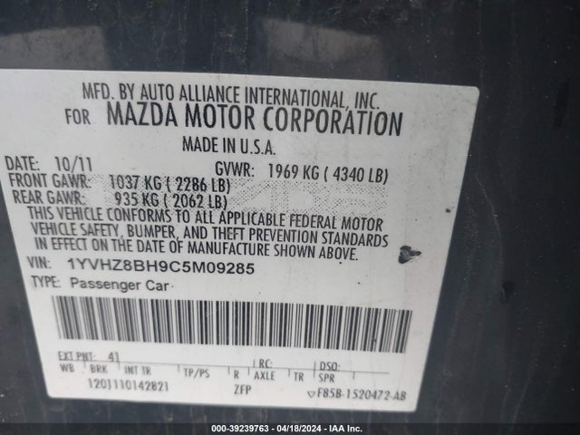 39239763 :رقم المزاد ، 1YVHZ8BH9C5M09285 vin ، 2012 Mazda Mazda6 I Sport مزاد بيع
