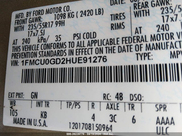 Ford ESCAPE SE 2017 1FMCU0GD2HUE91276 Image 9