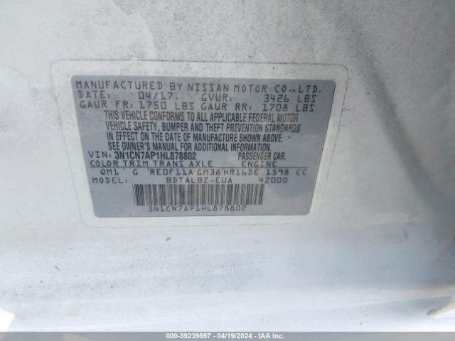 3N1CN7AP1HL878802 Nissan Versa 1.6 Sv