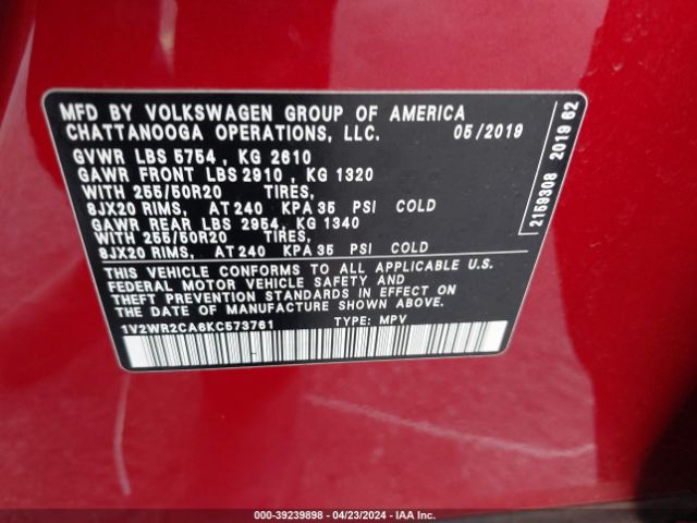 1V2WR2CA6KC573761 Volkswagen Atlas 3.6l V6 Se W/technology
