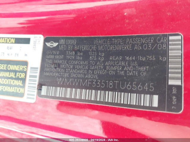 2008 MINI COOPER WMWMF33518TU65645 Photo 8