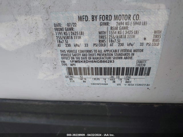 Ford EXPLORER XLT 2022 1FMSK8DH6NGB86283 Image 9
