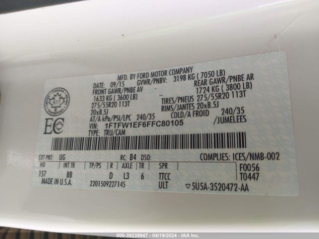1FTFW1EF6FFC80105 Ford F-150 Platinum