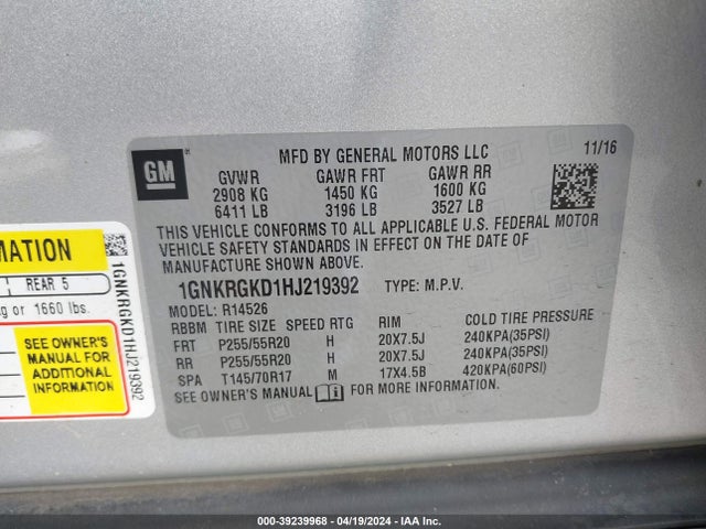 Chevrolet Traverse 1lt 2017 1GNKRGKD1HJ219392 Image 9