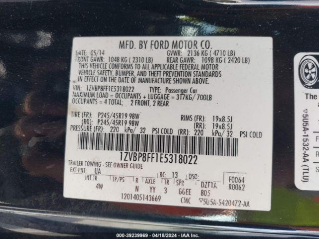 1ZVBP8FF1E5318022 Ford Mustang Gt Premium