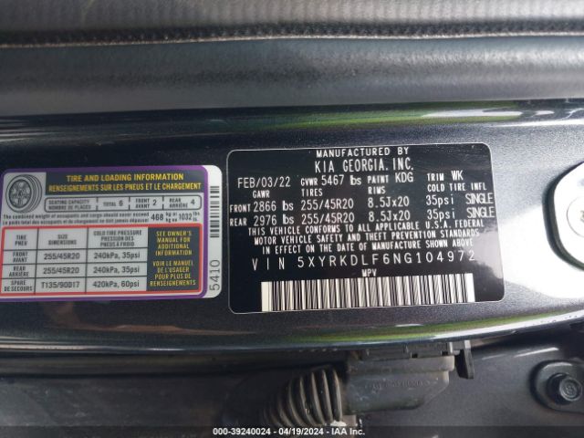 5XYRKDLF6NG104972 KIA Sorento X-line Sx Prestige