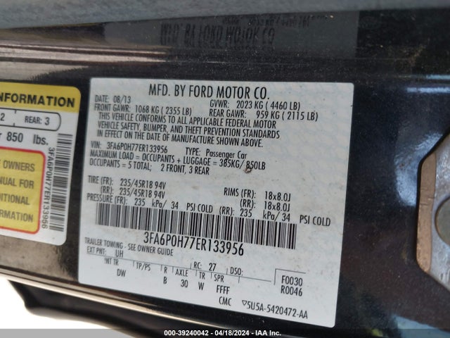 Ford FUSION SE 2014 3FA6P0H77ER133956 Image 9