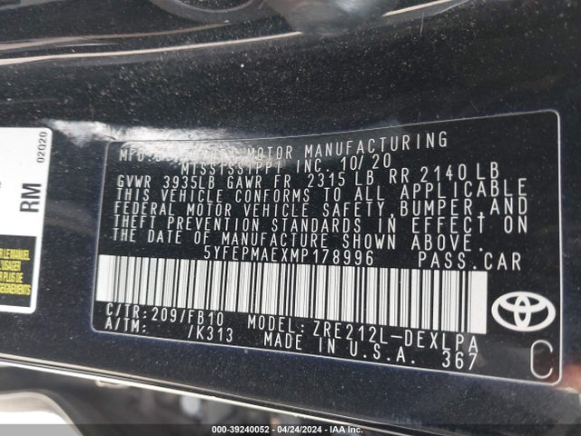 Toyota COROLLA LE 2021 5YFEPMAEXMP178996 Image 9