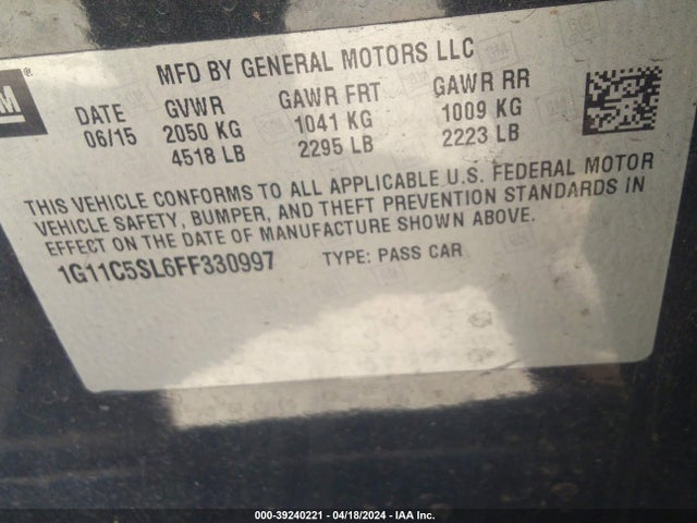 39240221 :رقم المزاد ، 1G11C5SL6FF330997 vin ، 2015 Chevrolet Malibu 1lt مزاد بيع