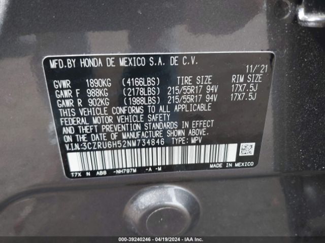 3CZRU6H52NM734846 Honda Hr-v Awd Ex