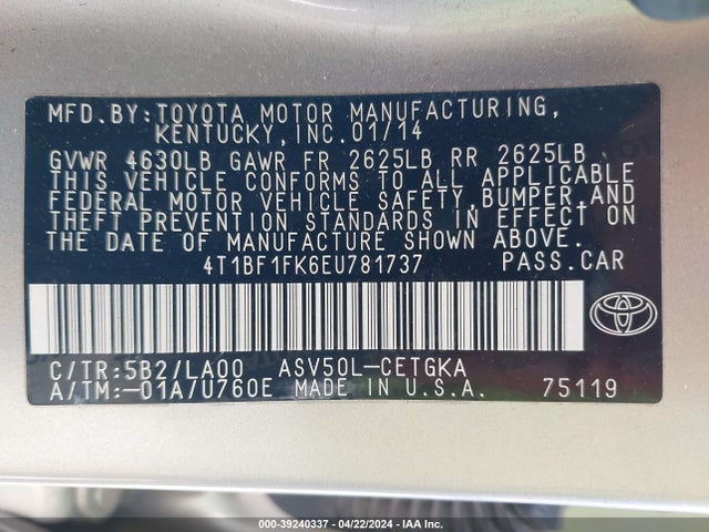 Toyota CAMRY XLE 2014 4T1BF1FK6EU781737 Image 9