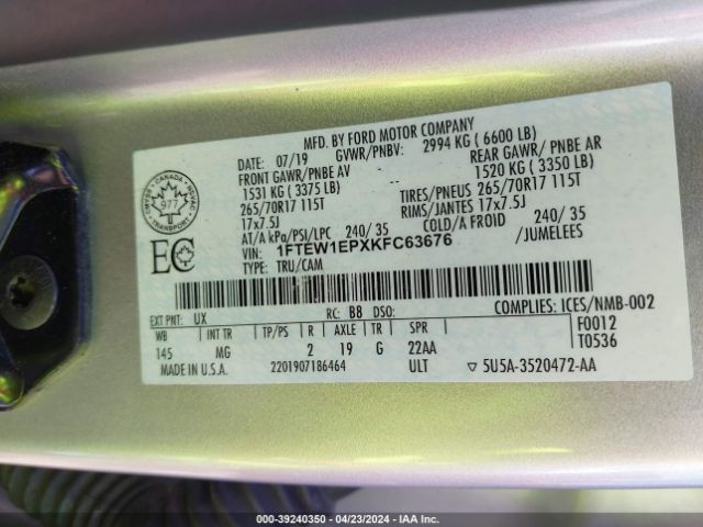 1FTEW1EPXKFC63676 Ford F-150 Xlt