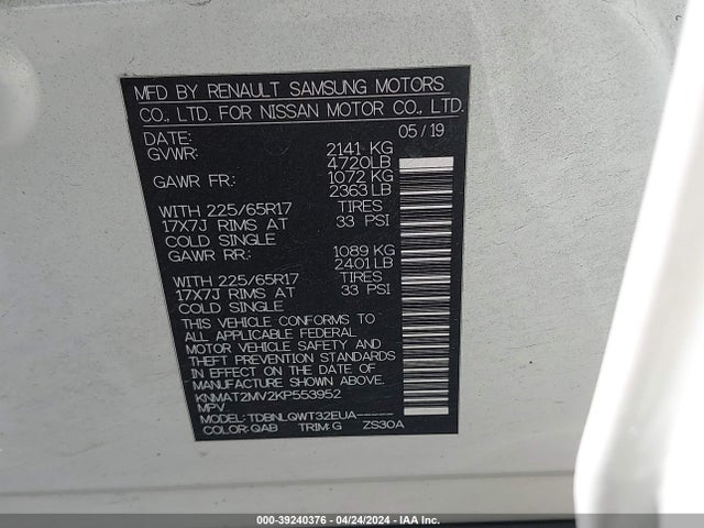 Nissan ROGUE SV 2019 KNMAT2MV2KP553952 Image 9