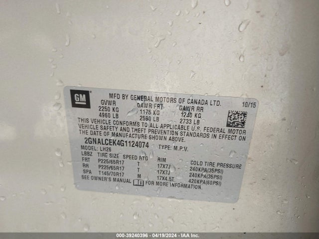 Chevrolet EQUINOX LT 2016 2GNALCEK4G1124074 Image 9