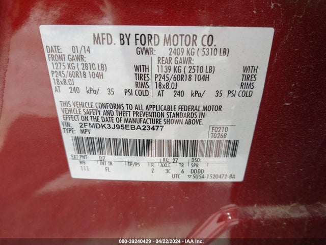 Ford EDGE SEL 2014 2FMDK3J95EBA23477 Image 9