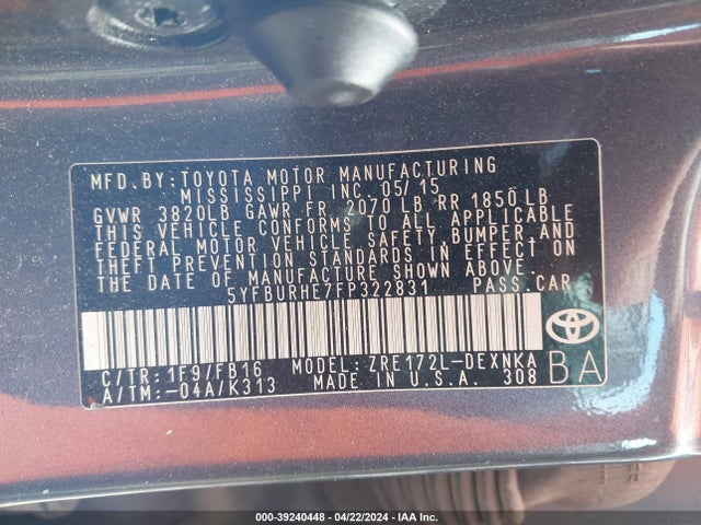 Toyota COROLLA LE 2015 5YFBURHE7FP322831 Image 9
