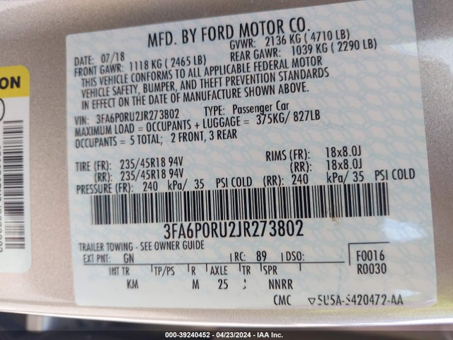 Ford Fusion Hybrid Titanium 2018 3FA6P0RU2JR273802 Image 9