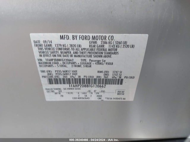 Ford TAURUS SE 2015 1FAHP2D88FG120662 Image 9