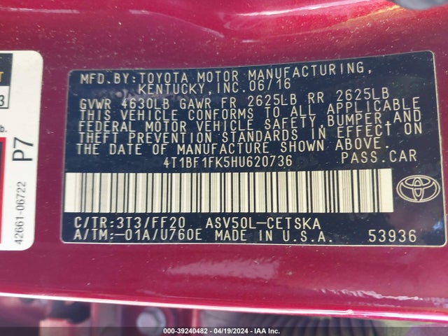 Toyota CAMRY SE 2017 4T1BF1FK5HU620736 Image 9