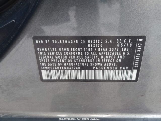 3VWC57BUXKM048240 Volkswagen Jetta 1.4t R-line/1.4t S/1.4t Se