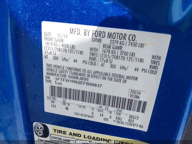 Ford F-150 Svt Raptor 2014 1FTFW1R62EFB99837 Image 9