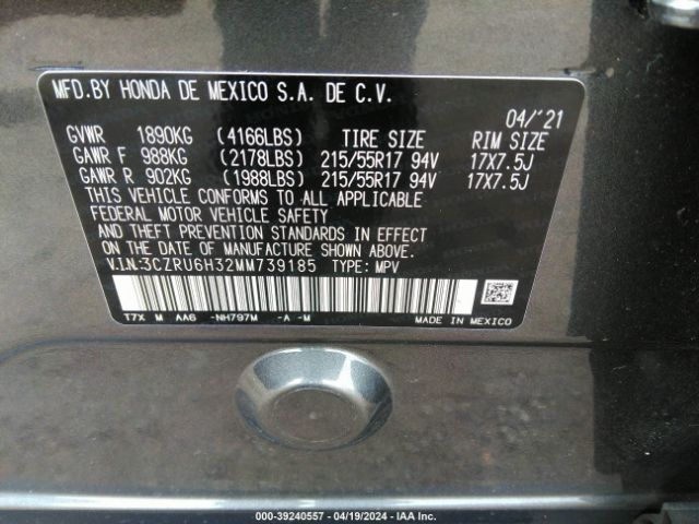 3CZRU6H32MM739185 Honda Hr-v Awd Lx