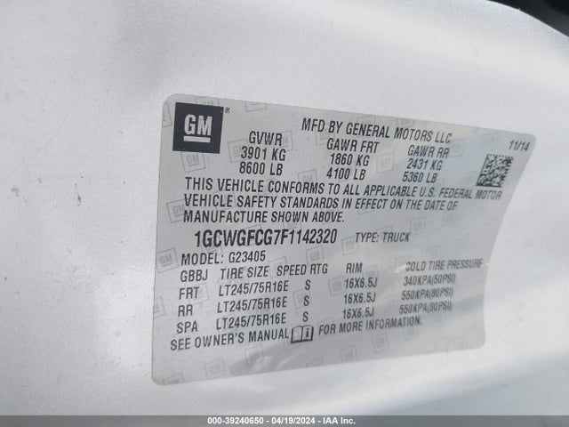 Chevrolet Express 2500 Work Van 2015 1GCWGFCG7F1142320 Image 9