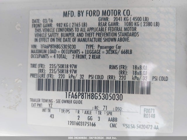 1FA6P8TH8G5305030 Ford Mustang Ecoboost