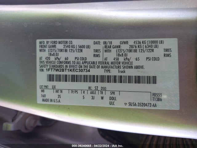 Ford F-250 Xlt 2019 1FT7W2BT1KEC30734 Image 9