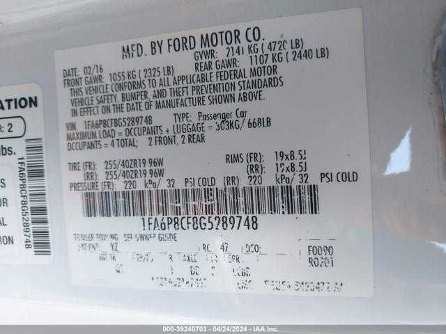 Ford MUSTANG GT 2016 1FA6P8CF8G5289748 Image 9