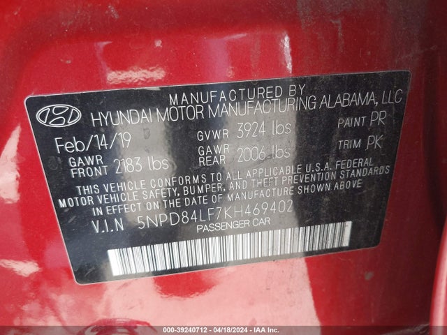 Hyundai ELANTRA SEL 2019 5NPD84LF7KH469402 Image 9