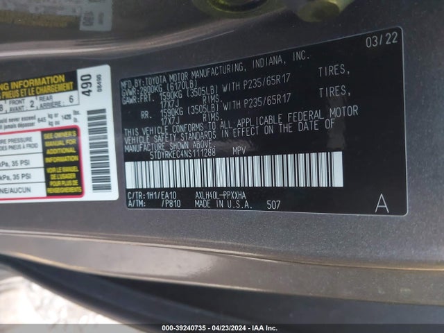 Toyota SIENNA XLE 2022 5TDYRKEC4NS111288 Image 9