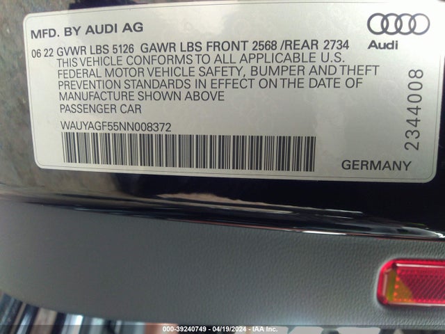 WAUYAGF55NN008372 Audi A5 Cabriolet Prestige 45 Tfsi Quattro S Tronic