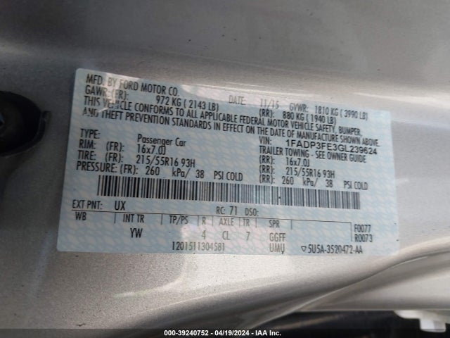 Ford FOCUS SE 2016 1FADP3FE3GL239624 Image 9