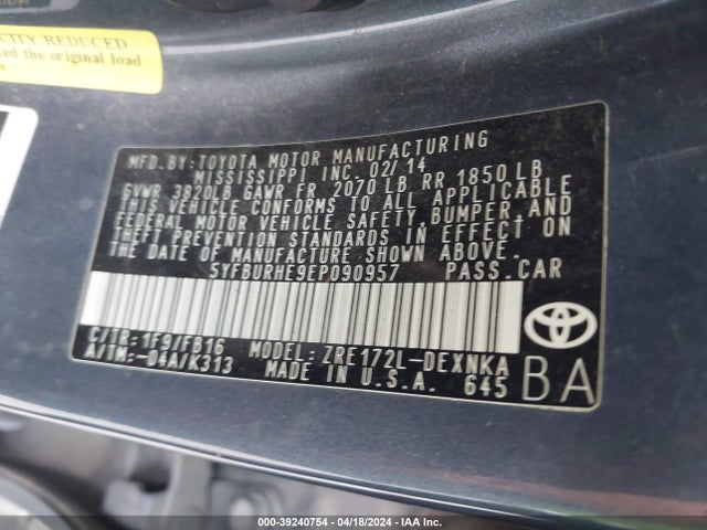 Toyota COROLLA LE 2014 5YFBURHE9EP090957 Image 9