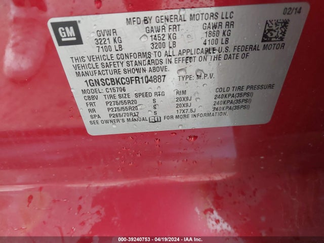 Chevrolet Tahoe Lt 2015 1GNSCBKC9FR104887 Image 9
