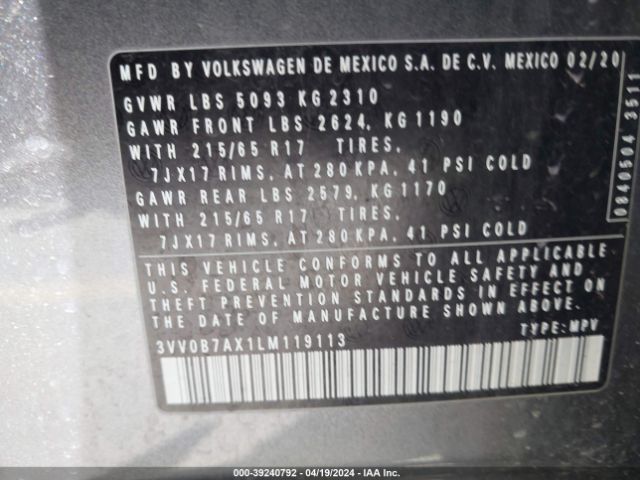 3VV0B7AX1LM119113 Volkswagen Tiguan 2.0t S