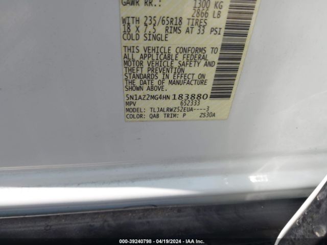 5N1AZ2MG4HN183880 Nissan MURANO SL