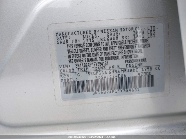 Nissan SENTRA S 2015 3N1AB7AP1FY354131 Image 9