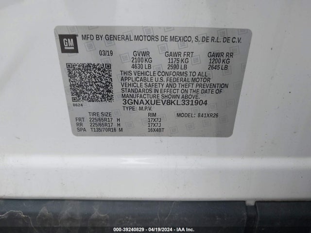 Chevrolet EQUINOX LT 2019 3GNAXUEV8KL331904 Image 9