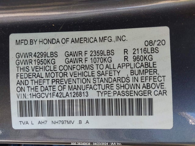 Honda ACCORD EX 2020 1HGCV1F42LA126813 Image 9